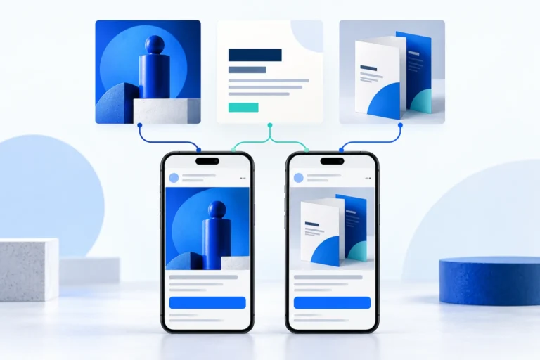 Illustration: Unterschiedliche Anzeigenmotive werden für mobile Platzierungen gestaltet und verglichen.