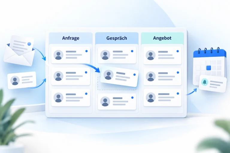 Illustration: Kundenanfragen werden als Kontakte in einem übersichtlichen Vertriebsprozess organisiert.