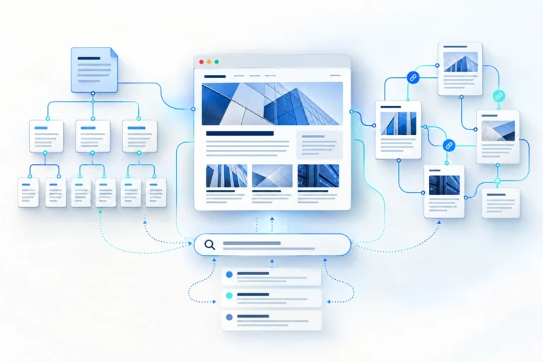 Illustration: Eine Website verbindet technische Struktur, Suchthemen und Inhalte.