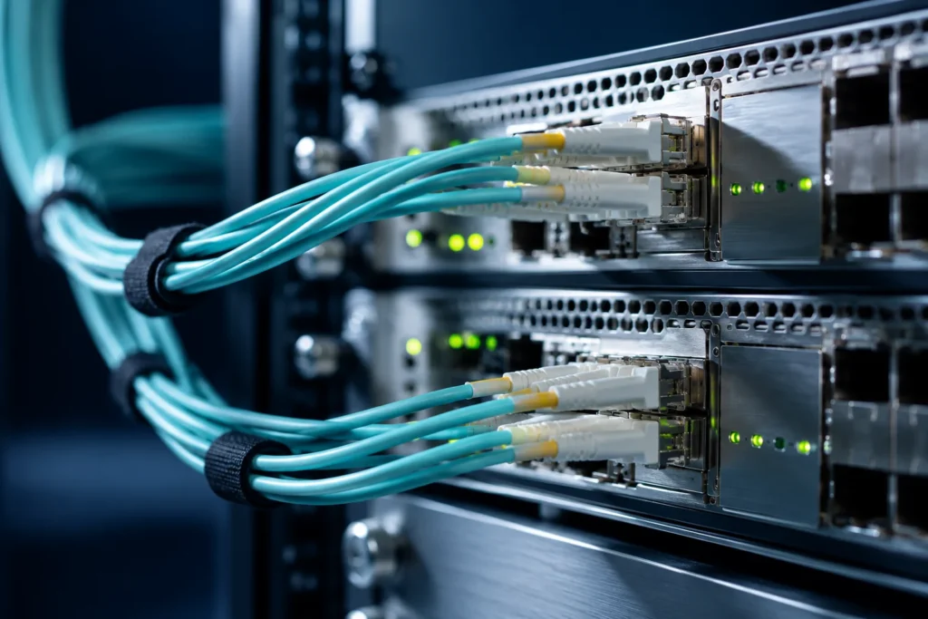 Symbolmotiv technischer Infrastruktur mit Netzwerkmodulen und türkisfarbenen Kabeln