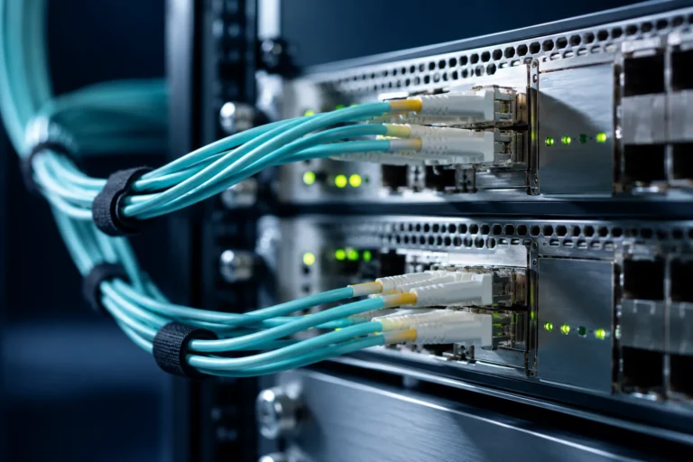 Symbolmotiv technischer Infrastruktur mit Netzwerkmodulen und türkisfarbenen Kabeln